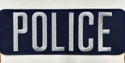 POLICE BACK PATCH - MEDIUM SILVER on NAVY - WITH VELCRO.